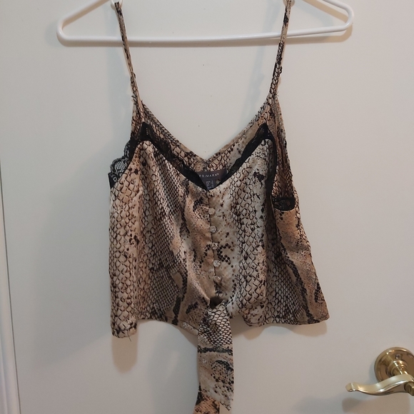 🤯2/$15 Primark Animal Print Light Brown Tied Top with Black Lace Size 4 - Picture 1 of 2